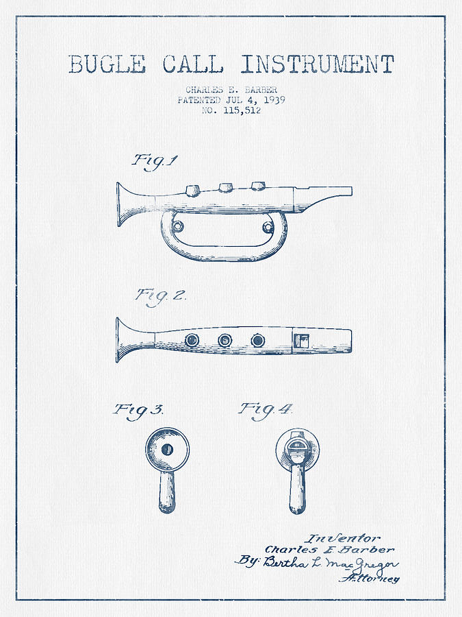 Bugle Call Instrument Patent Drawing From 1939 - Blue Ink Digital Art