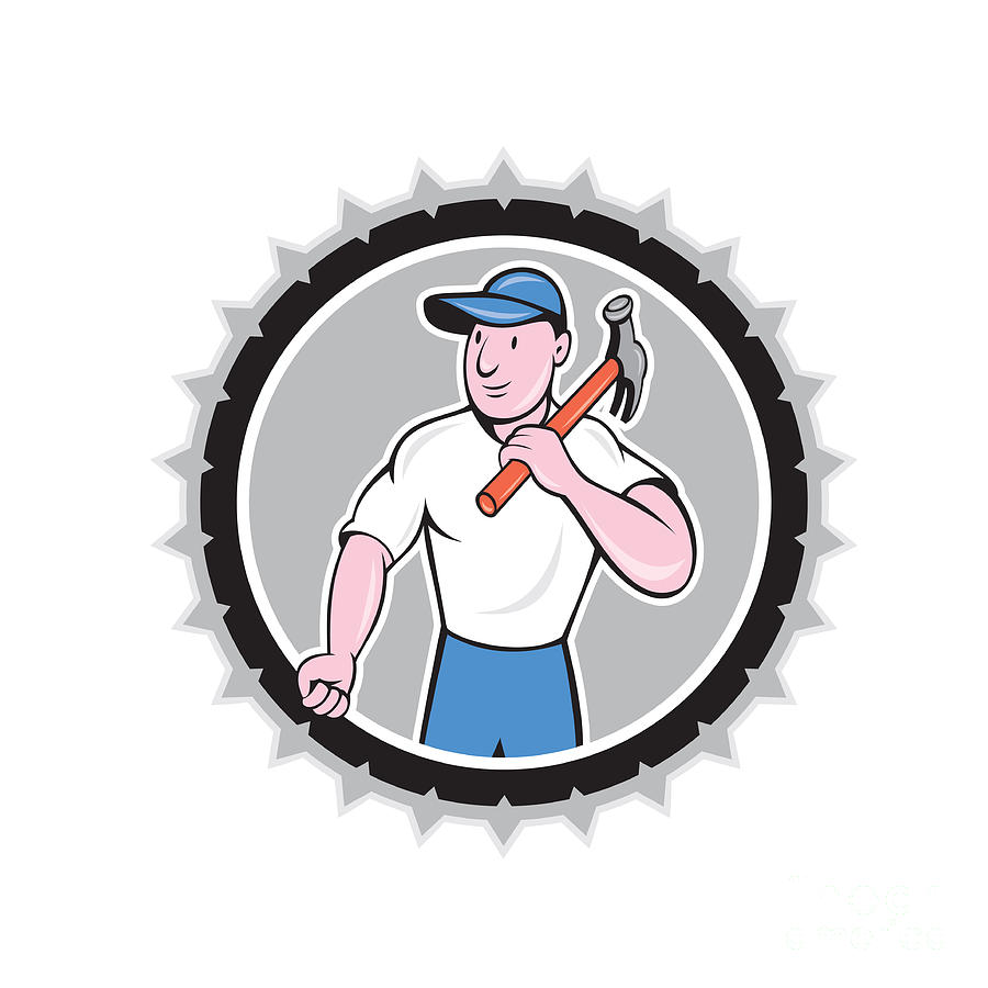 Builder Carpenter Holding Hammer Rosette Cartoon Digital Art by ...