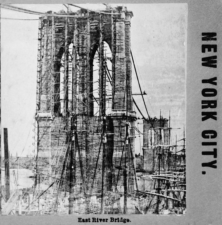 Building The Brooklyn Bridge. Close-up Photograph by Everett