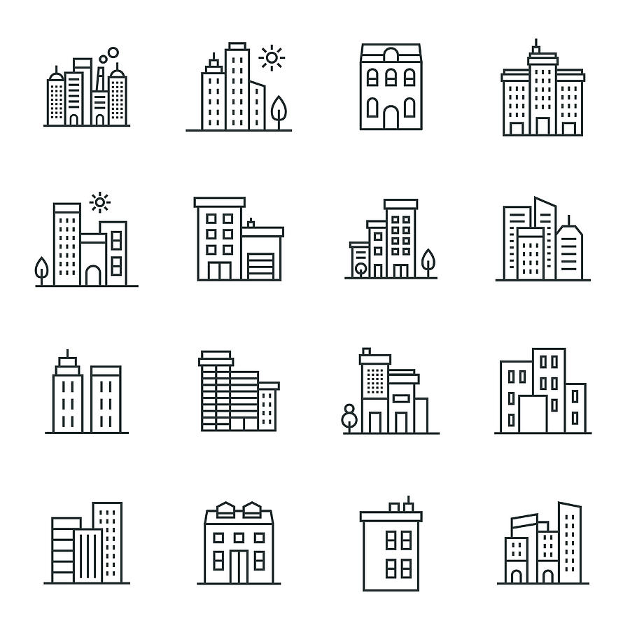 Buildings Icon Set Drawing by Enis Aksoy