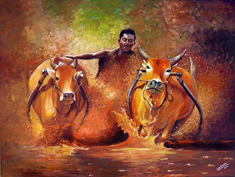 Bull Race Painting - Bull Race by Santhosh Poruvazhy.