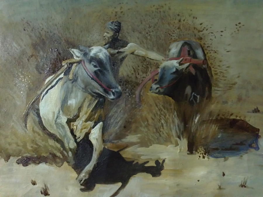 Animal Painting - Bull Race by Shaji Panthayil