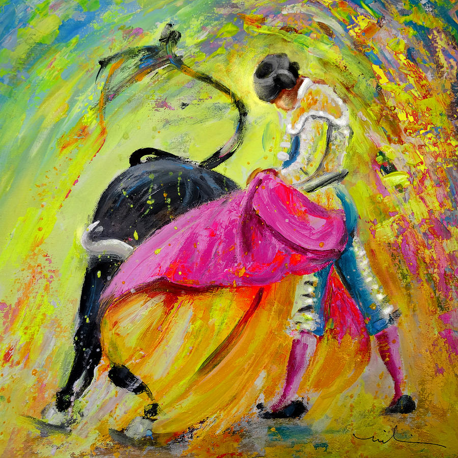 Bullfighting in Neon Light 01 Painting by Miki De Goodaboom