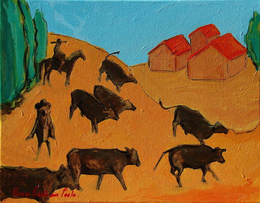 Bulls on the Run with Two Riders 2 Painting by Thomas Bertram POOLE