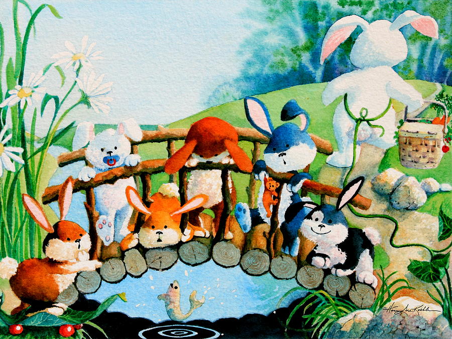 Easter Bunny Cards Painting - Bunnies On A Bridge by Hanne Lore Koehler