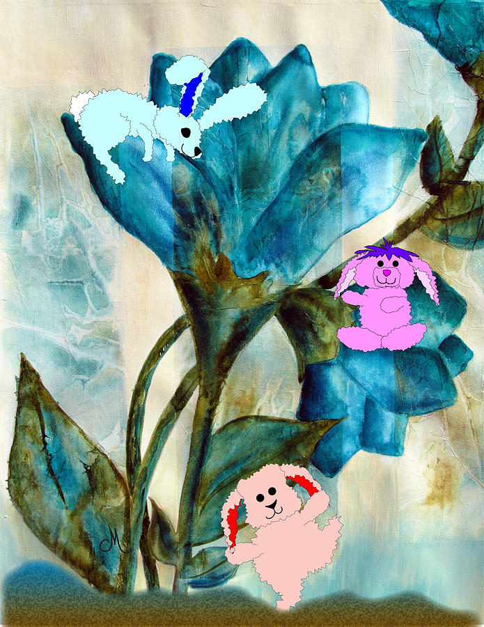 Abstract Painting - Bunnies and Blue Flowers by Chris Morningforest
