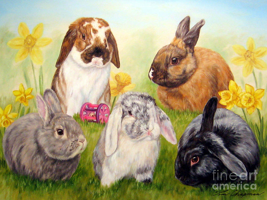 Bunnies and Daffodils Painting by Tom Chapman