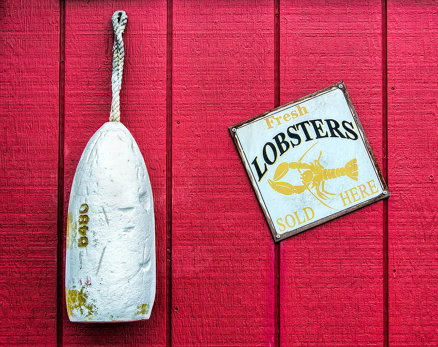 Buoy And Lobster Sign Hanging On Red Wall Photograph by Gary Slawsky