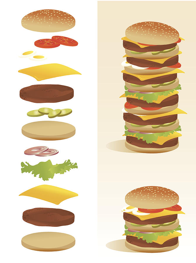 Burger deconstruction - All ingredients separated Drawing by Mendio