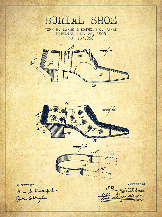 Boot Digital Art - Burial Shoe Patent from 1905 - Vintage by Aged Pixel