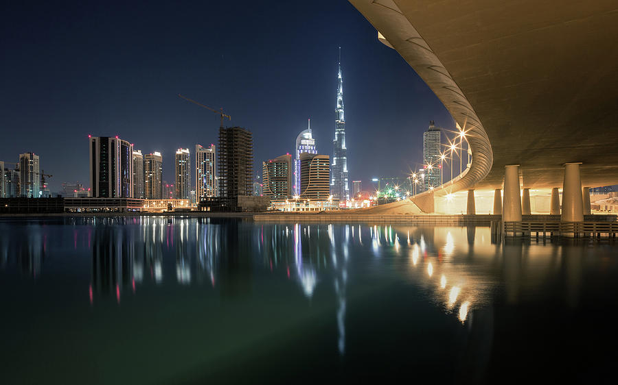 Burj Khalifa At Night With Bridge Photograph by Spreephoto.de