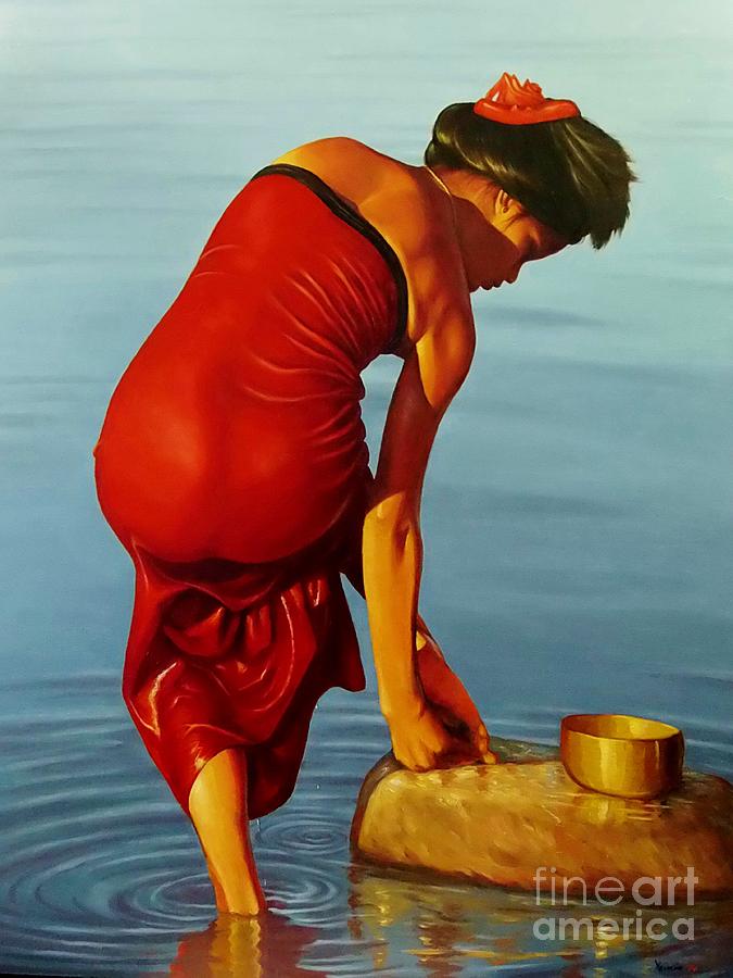 Burmese Bathing Girl Painting By Ye Htut