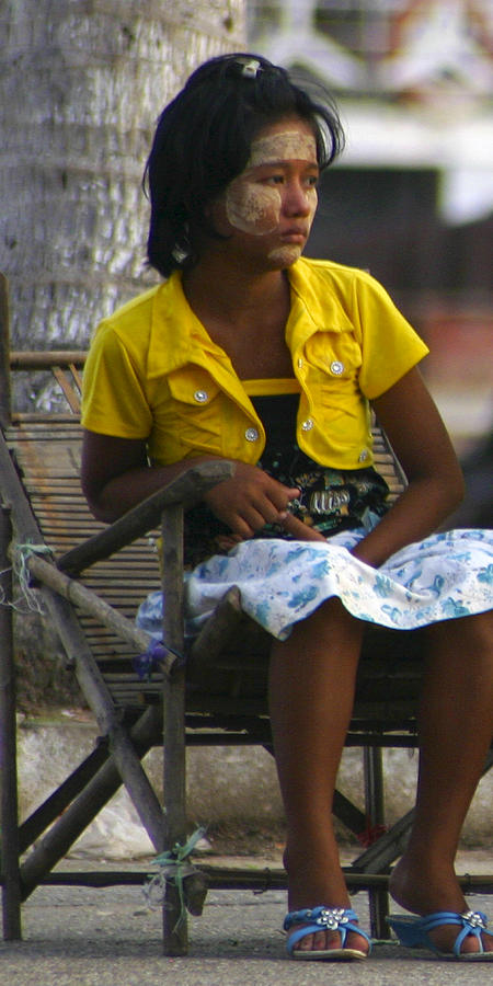 Burmese Girl Photograph - Burmese Girl With Traditional Thanaka Face Painting Sitting On Chair Yangon Myanmar by PIXELS  XPOSED Ralph A Ledergerber Photography