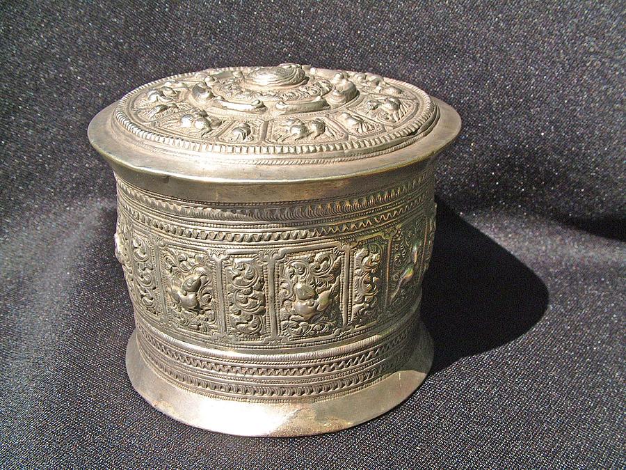 Unicorn Sculpture - Burmese silver container with high relief chiseled decorations by Burmese silversmith