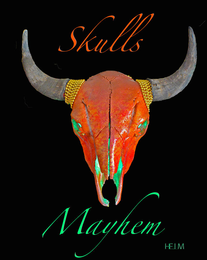 Burnt Orange Illuminating Buffalo Skull Mixed Media by Mayhem Mediums