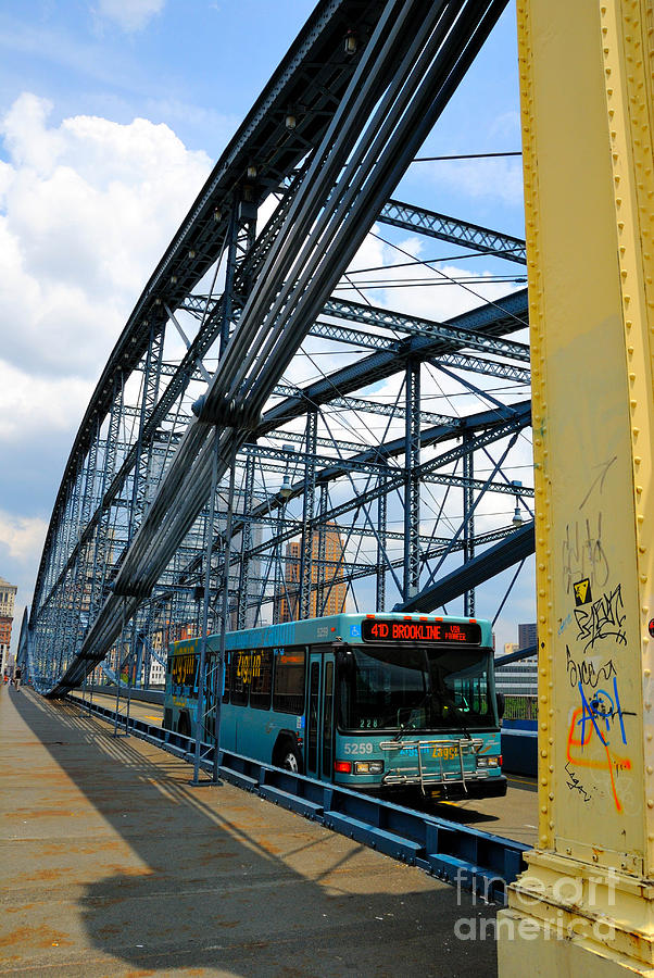 Architecture Photograph - Bus crossing the Smithfield Street Bridge Pittsburgh Pennsylvania by Amy Cicconi