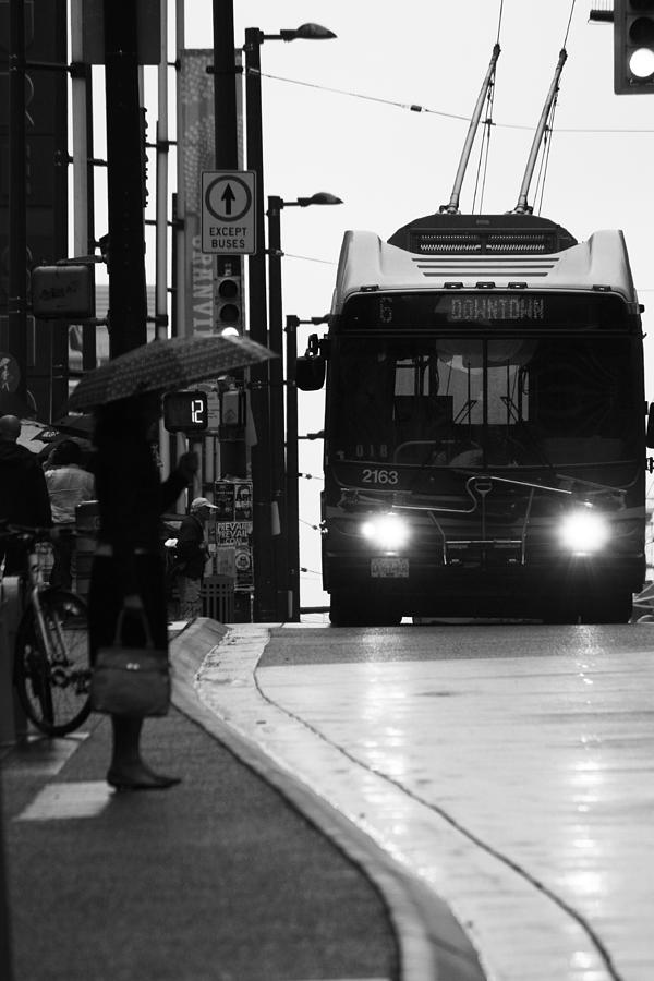 Black And White Photograph - Bus Driver Chats  by J C