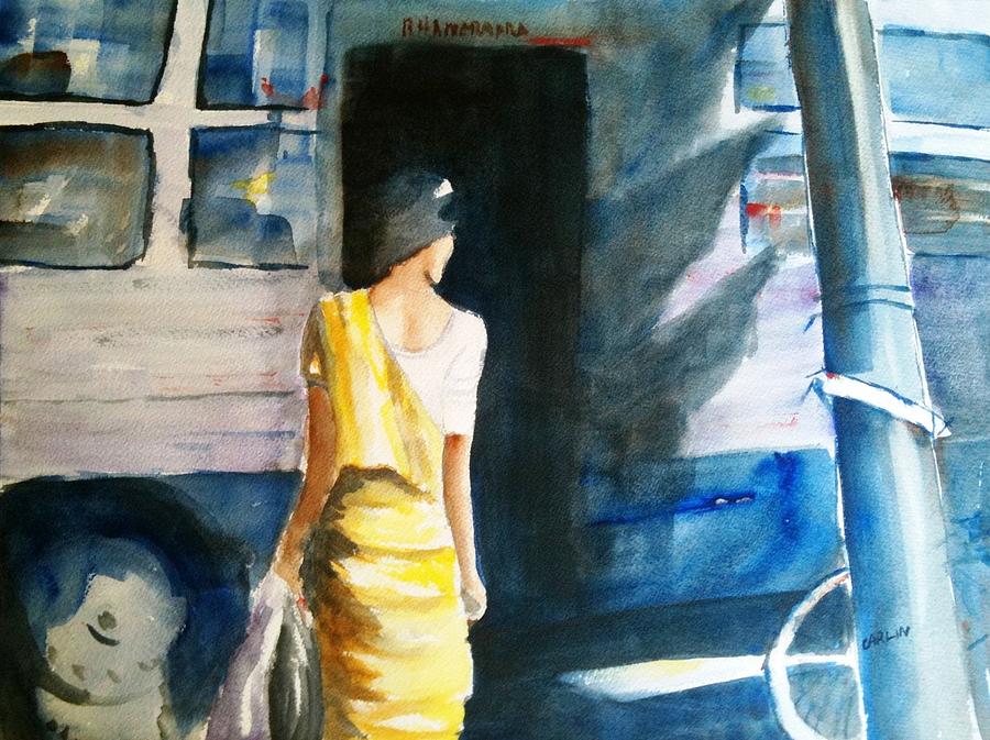 Bus Stop - Woman Boarding the Bus Painting by Carlin Blahnik CarlinArtWatercolor Bus Stop - Woman Boarding the Bus Painting by Carlin Blahnik CarlinArtWatercolor