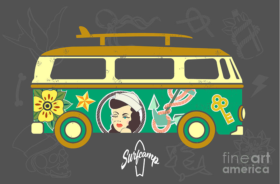 Bus Digital Art - Bus With Surfboard by Naches Bus Digital Art - Bus With Surfboard by Naches