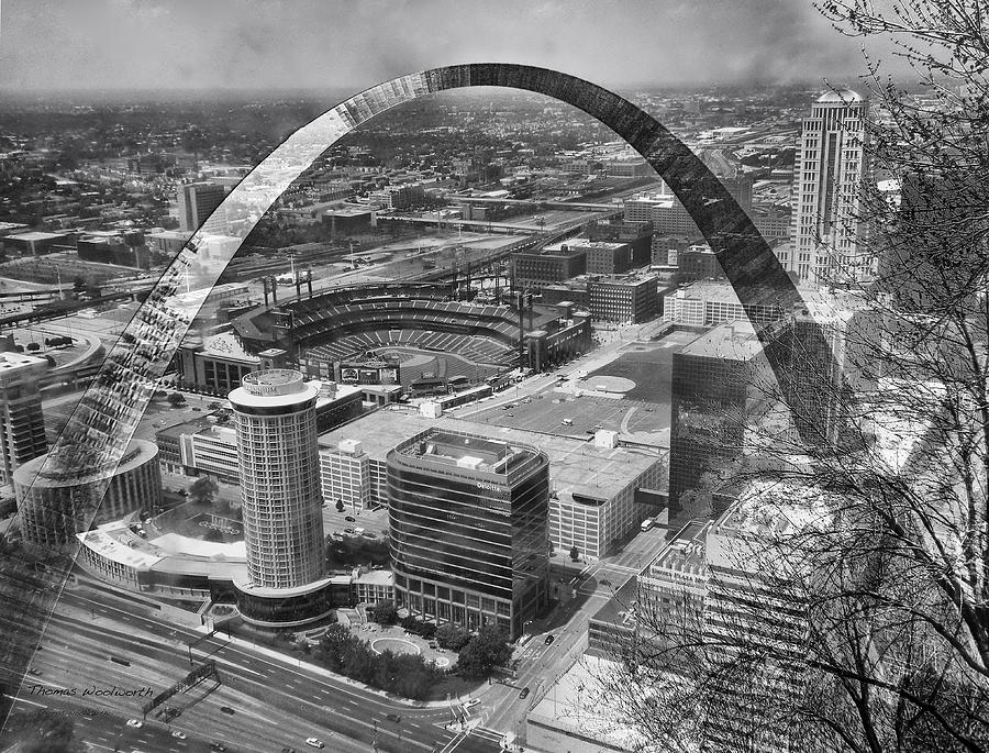 Landscape Photograph - Busch Stadium BW A View From The Arch Merged Image by Thomas Woolworth