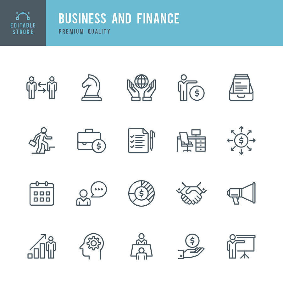 Business & Finance  - Thin Line Icon Set Drawing by Fonikum
