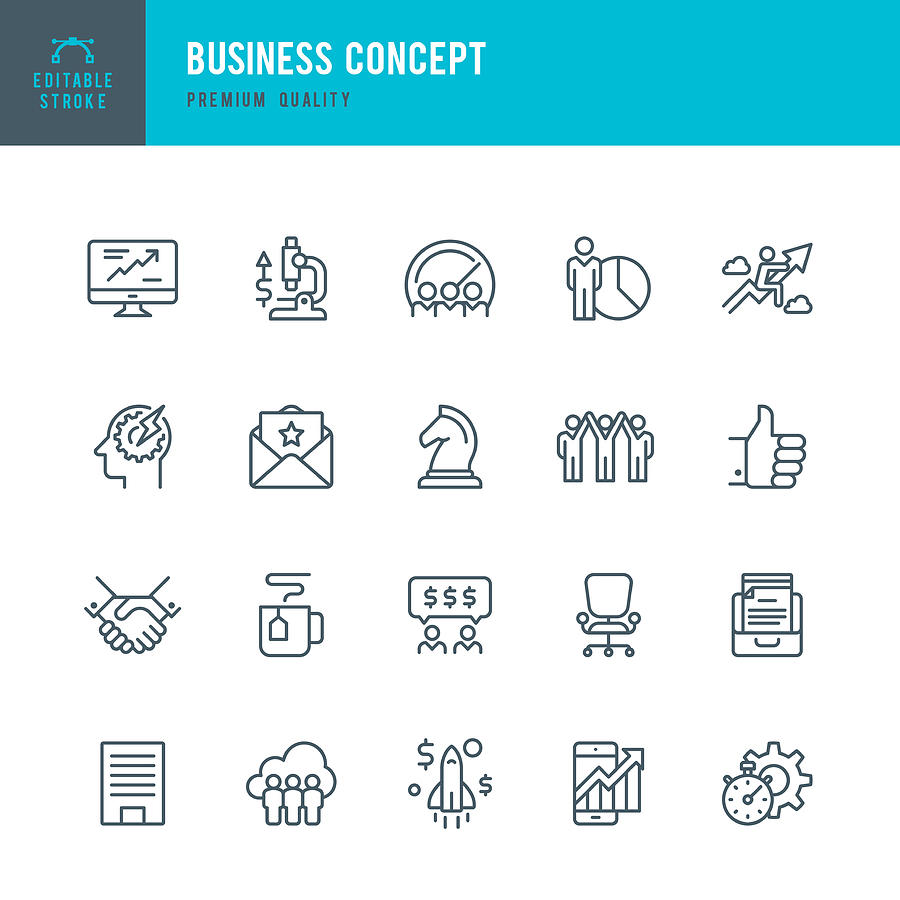 Business Concept - set of thin line vector icons Drawing by Fonikum