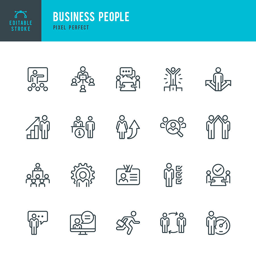 Business People - thin linear vector icon set. Pixel perfect. Editable stroke. The set contains icons People, Teamwork, Partnership, Presentation, Leadership, Growth, Manager. Drawing by Fonikum