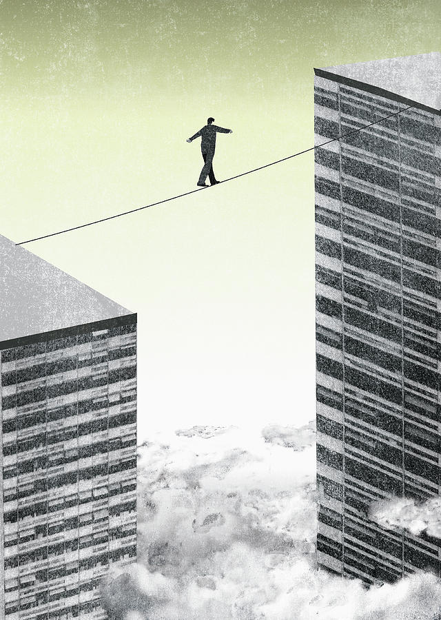 Skyscraper Photograph - Businessman Walking Tightrope by Ikon Images
