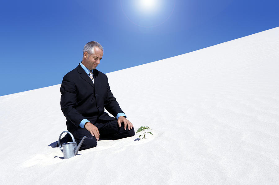 Businessman With a Watering Can Watching a Plant Planted in the Sand in a Desert Photograph by John Cumming