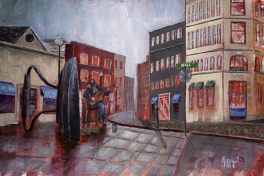 Busker at Flat Iron Downtown Asheville Painting by Gray  Artus
