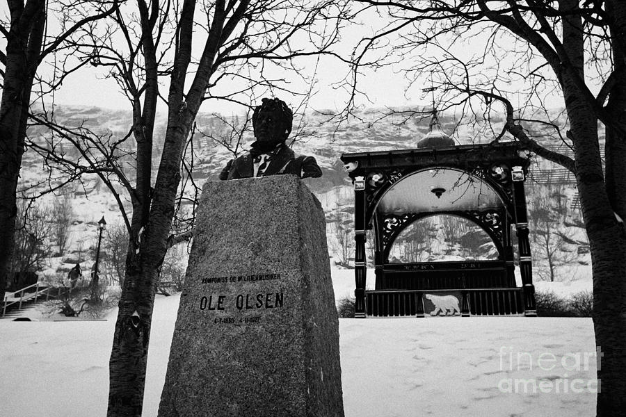 Music Photograph - Bust Monument To Ole Olsen Norwegian Composer And Military Musician In Front Of Bandstand Hammerfest by Joe Fox