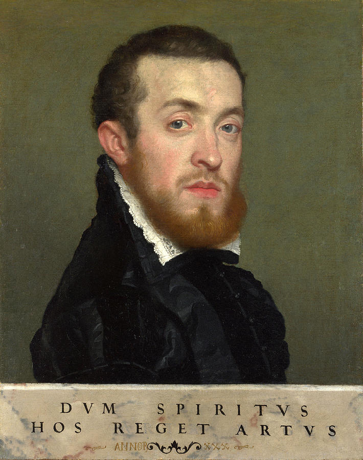 Giovanni Battista Moroni Painting - Bust Portrait of a Young Man with an Inscription by Giovanni Battista Moroni