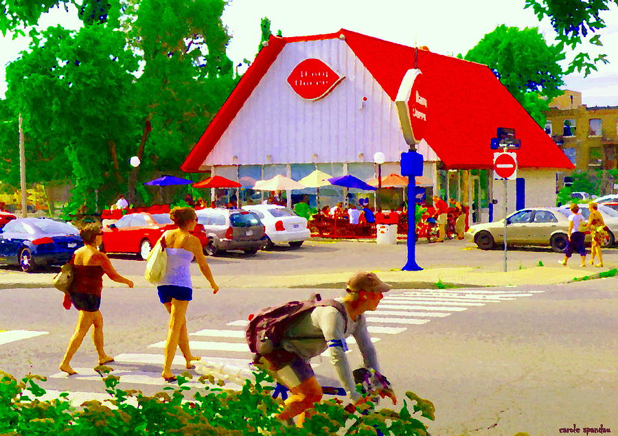 Umbrella Painting - Busy Day The Dairy Queen Along The Bike Path Lachine Canal Montreal Art Urban Scenes Carole Spandau by Carole Spandau