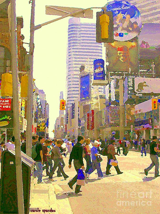 Busy Downtown Street Scene Crosswalk At Eatons Center Toronto Paintings Urban Canadian Art C Spandau Painting by Carole Spandau