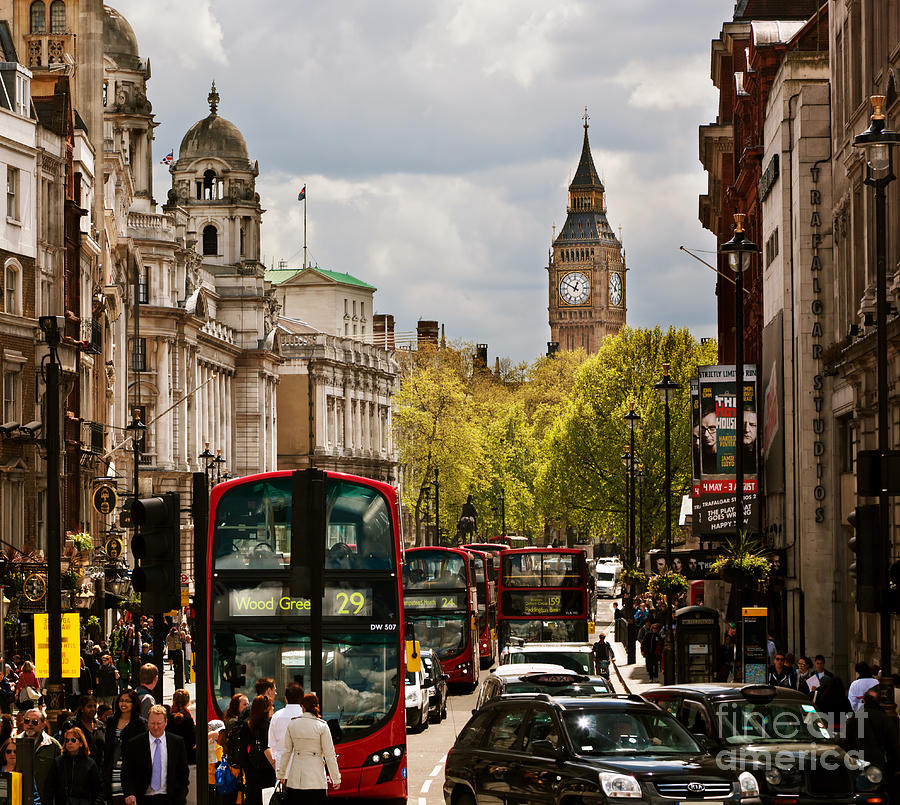 London Photograph - Busy street of London England the UK Red buses Big Ben by Michal Bednarek
