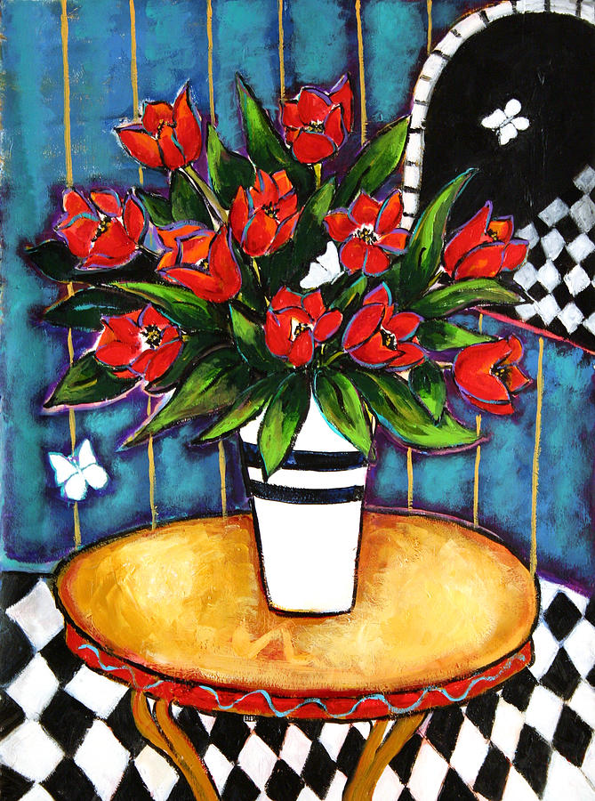 Tulip Painting - Butterflies and Tulips by Linda Holt