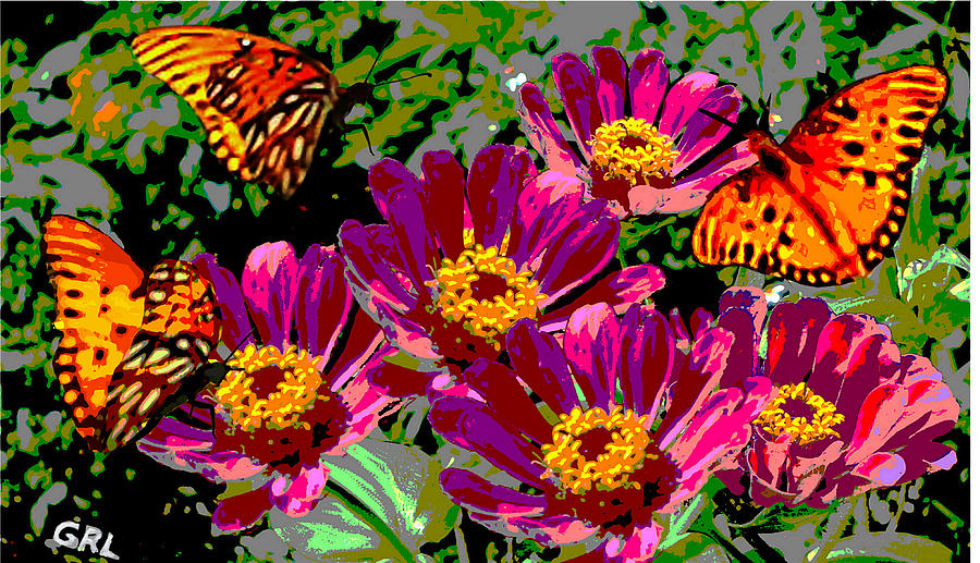 Butterflies And Zinnias Florida Contemporary Digital Art Painting by G Linsenmayer