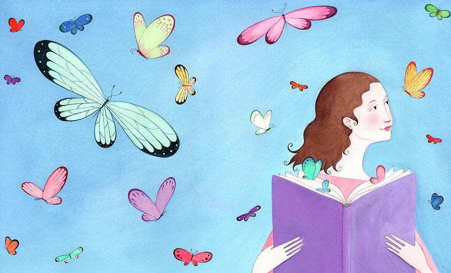 Butterflies Flying Around Girl Reading Photograph by Ikon Ikon Images