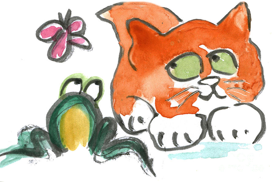 Butterfly and Frog and Kitten Painting by Ellen Miffitt