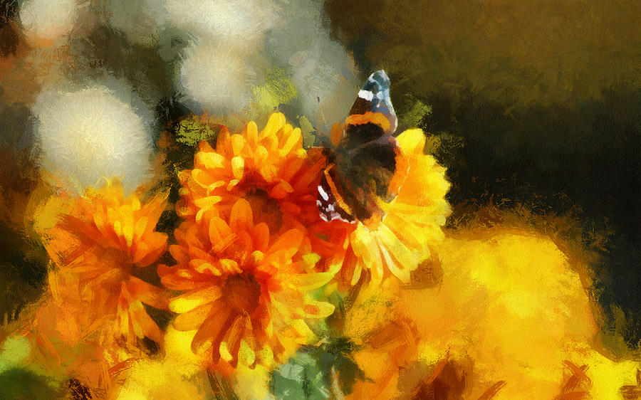 Butterfly and yellow flowers Digital Art by Lilia S