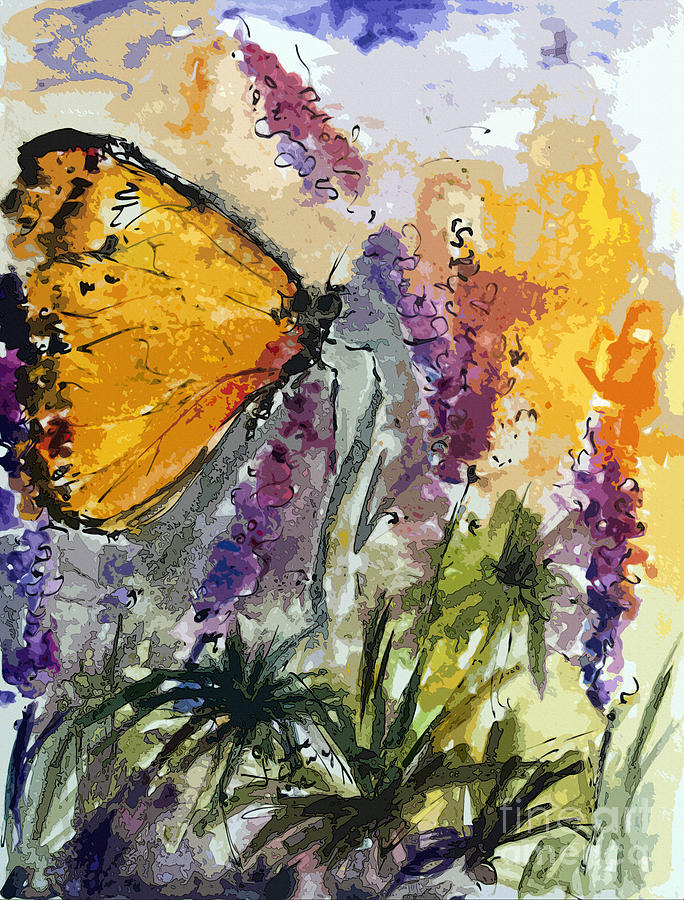 Butterfly on Lupines Painting by Ginette Callaway