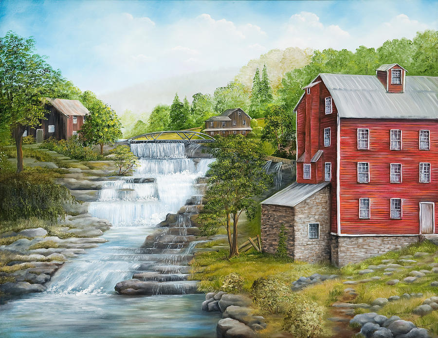 Nature Painting - Buttermilk Falls with Red Mill by Carol Angela Brown
