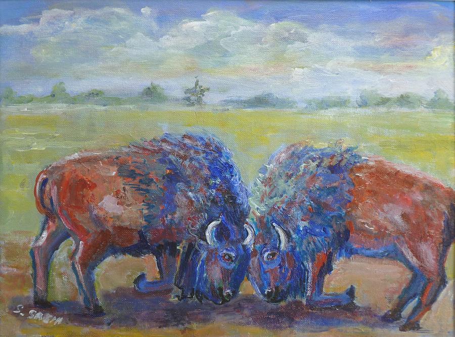 Butting buffalo Painting by Saga Sabin
