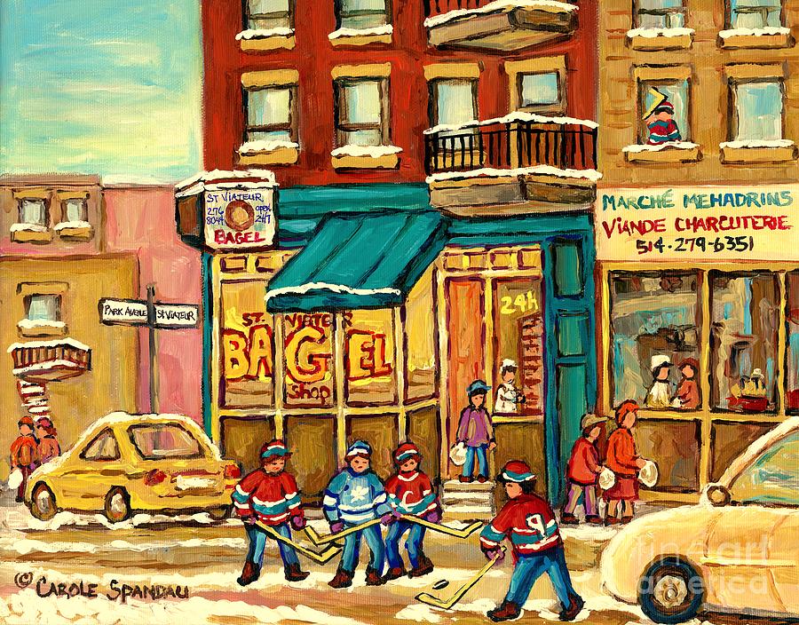 Buy Original Montreal Art Yummy St. Viateur Bagels Hockey Game Beautuful Winter Art Carole Spandau Painting by Carole Spandau