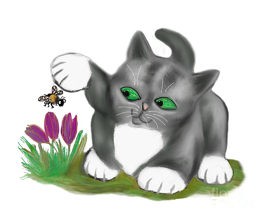 Crocus Digital Art - Buzzing Bee Finds a Crocus and Kitten is Tempted to Tap the Bee by Ellen Miffitt