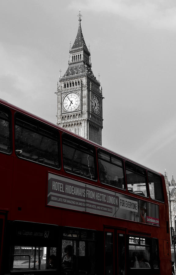 BW Big Ben and red London Bus Photograph by RicardMN Photography