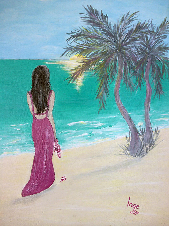 Sunset by the ocean with Palm Trees Painting by Inge Lewis