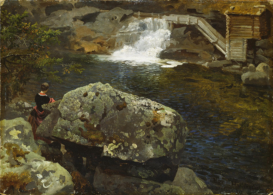 Hans Gude Painting - By the Mill Pond by Hans Gude