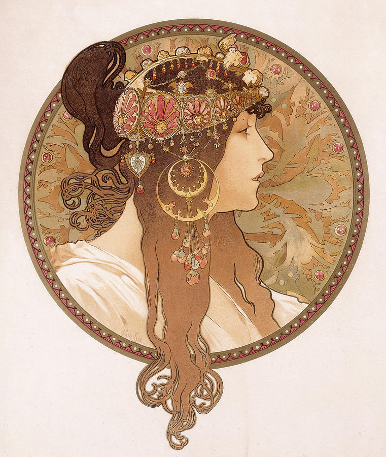 Byzantine head of a brunette Painting by Alphonse Marie Mucha