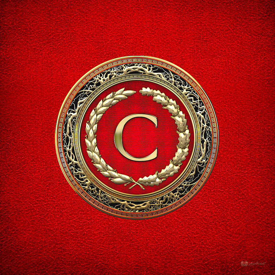 C - Gold Vintage Monogram on Red Leather Digital Art by Serge Averbukh